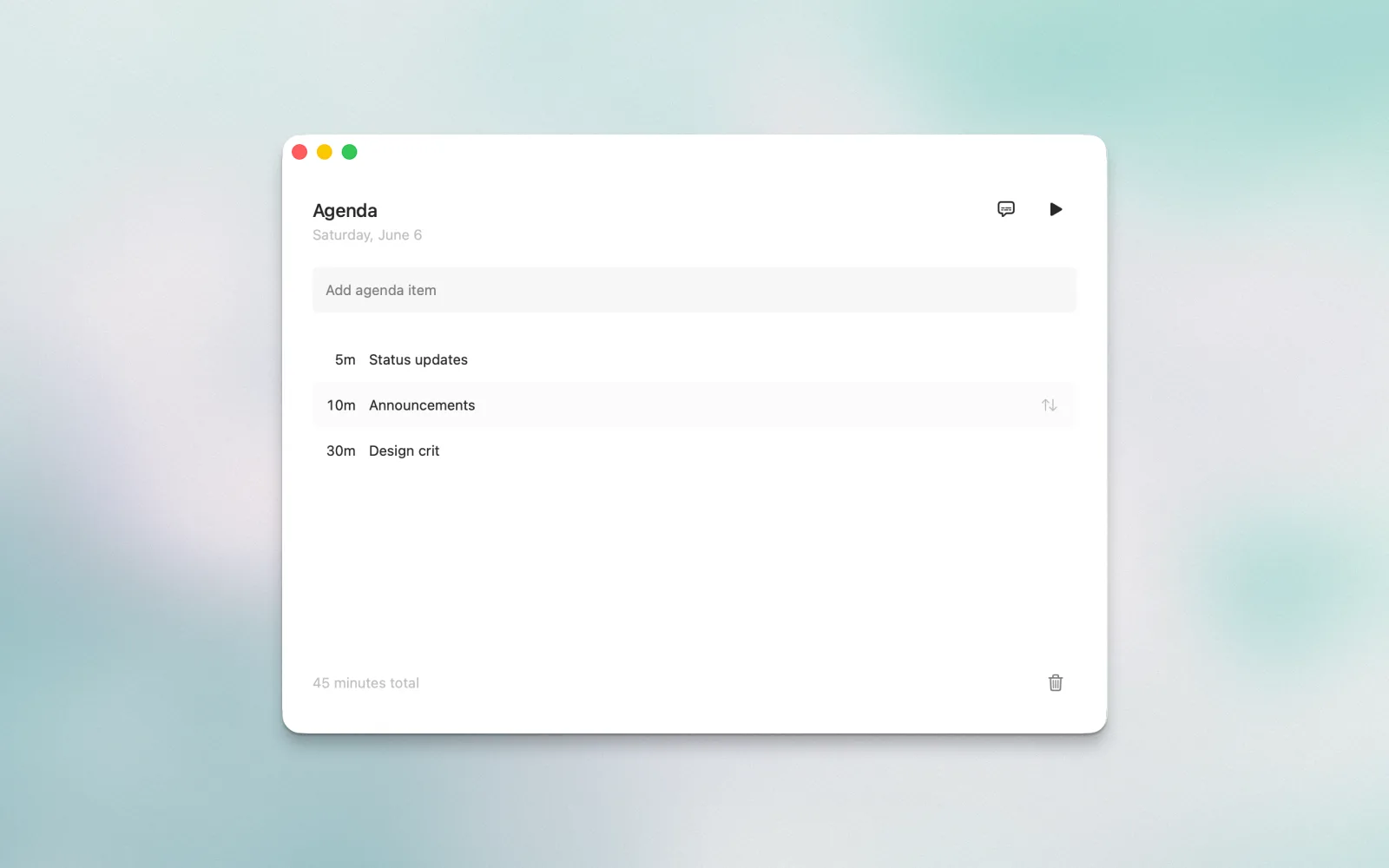 Flow Session agenda window with timed meeting topics